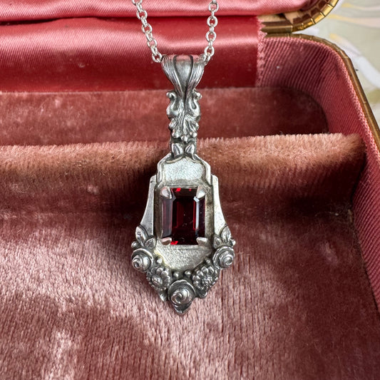 Garnet Victorian floral Artisan Sterling Silver necklace
