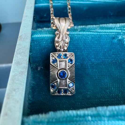 Art Deco blue Sapphire and Spinel handmade necklace in Sterling Silver