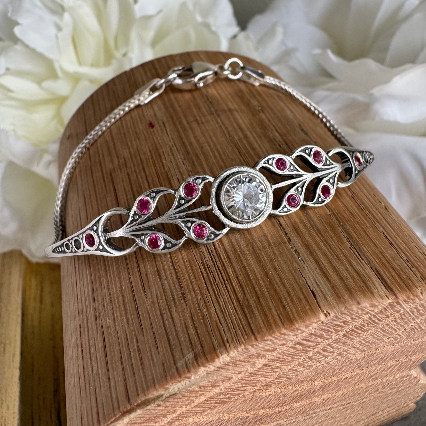 Art Deco Sapphire and Ruby artisan cuff tennis bracelet in Sterling Silver