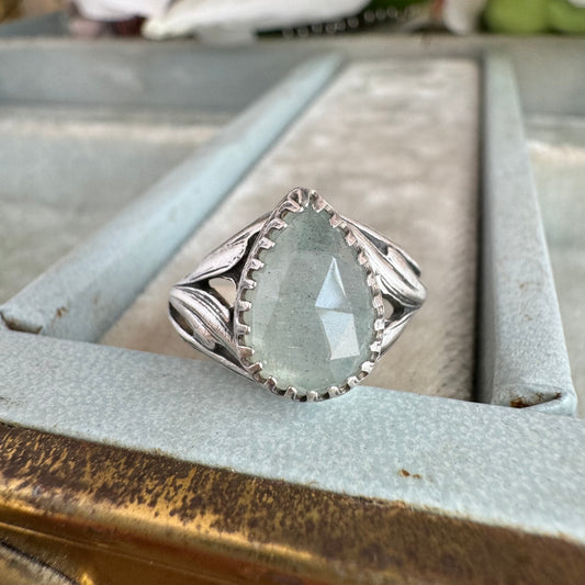 Aquamarine antique inspired Art Nouveau artisan ring in Sterling Silver