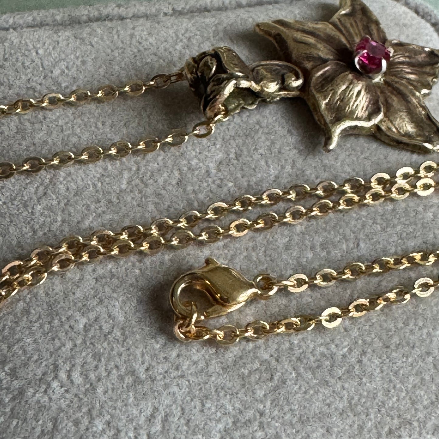 Art Nouveau Flower artisan Brass and Ruby gold necklace