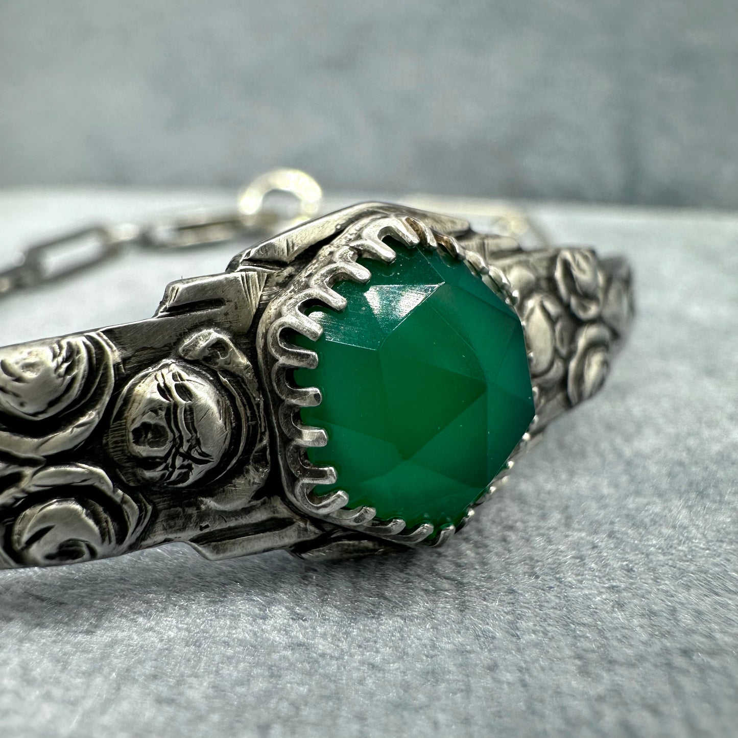 Art Deco botanical bracelet with 5 carat Emerald Green Onyx hexagon gemstone in Sterling Silver