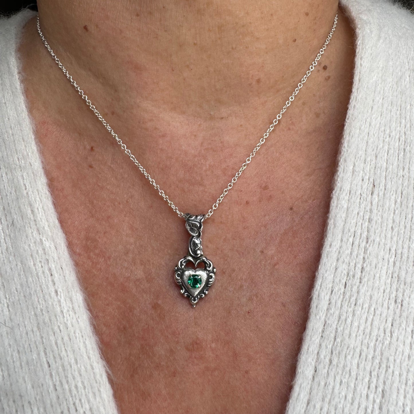 Victorian Gothic artisan heart emerald necklace in Sterling Silver
