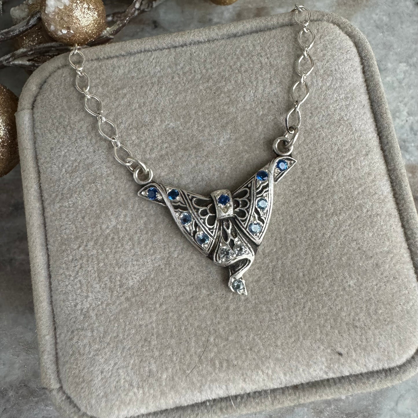 Victorian Suffragette Blue Bow ombre spinel necklace handmade in Sterling Silver