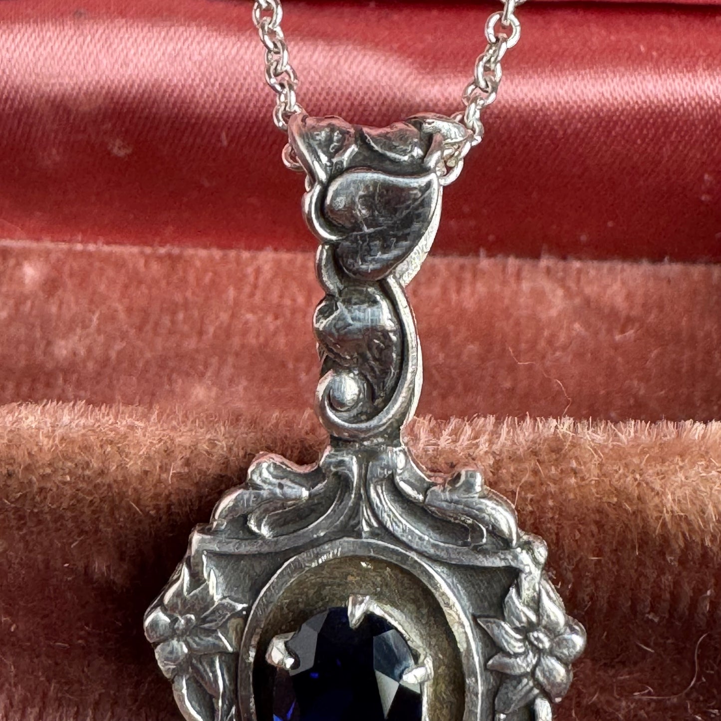 Victorian Gothic Garden blue Sapphire Artisan necklace in Sterling Silver