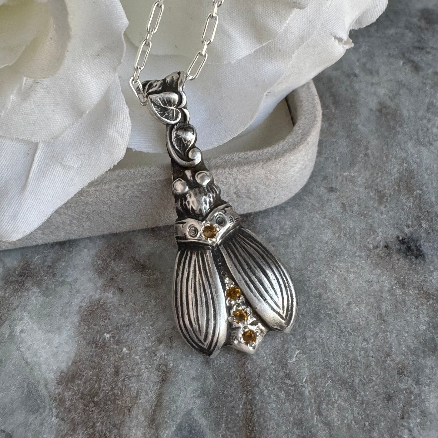 Botanical Firefly artisan Citrine necklace in Sterling Silver