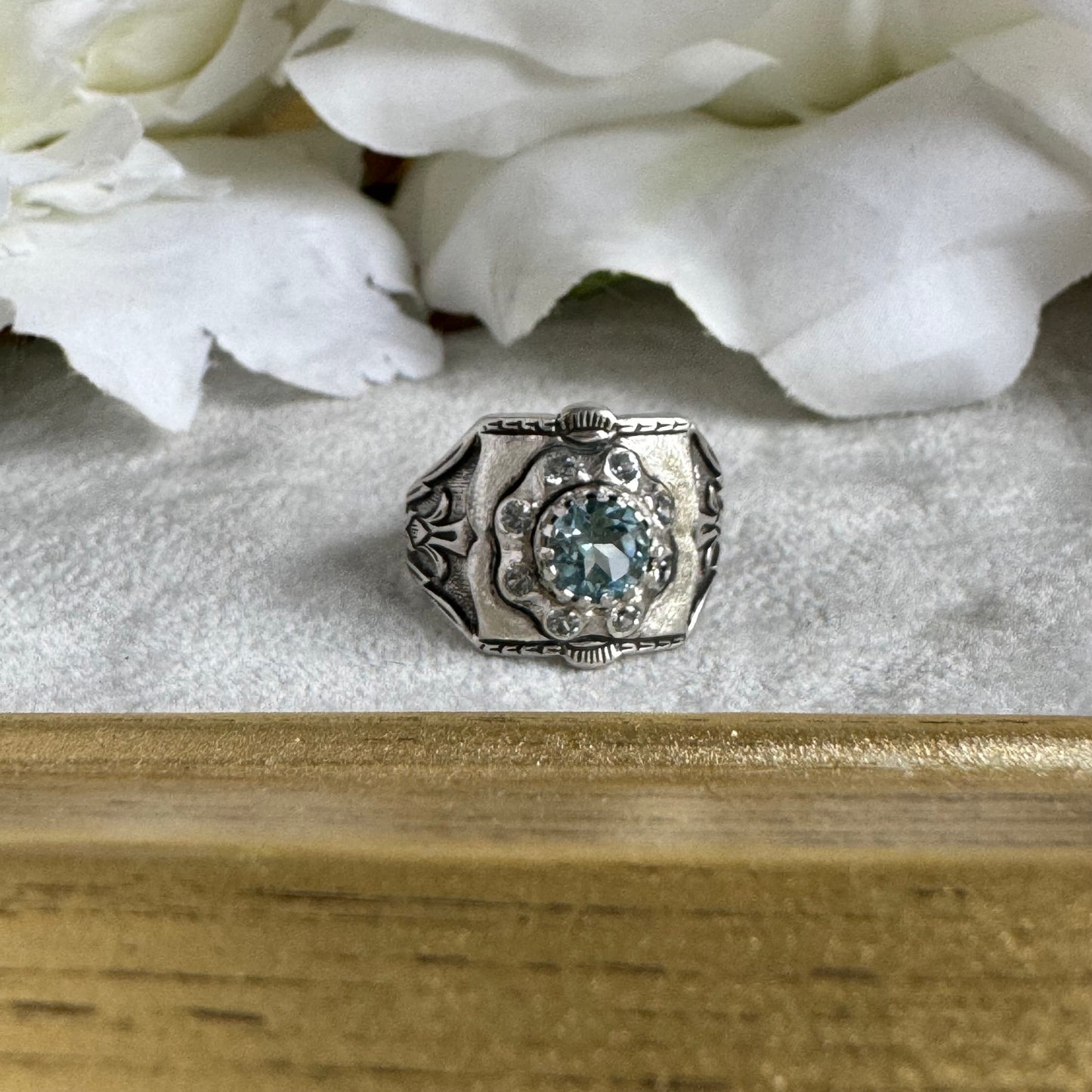 Artisan Sky Blue Topaz and Aquamarine spinel antique inspired cigar band cocktail ring SIZE 7