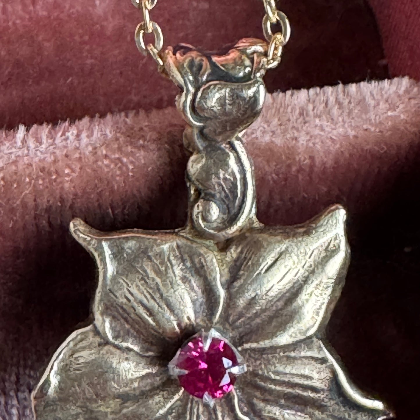 Art Nouveau Flower artisan Brass and Ruby gold necklace