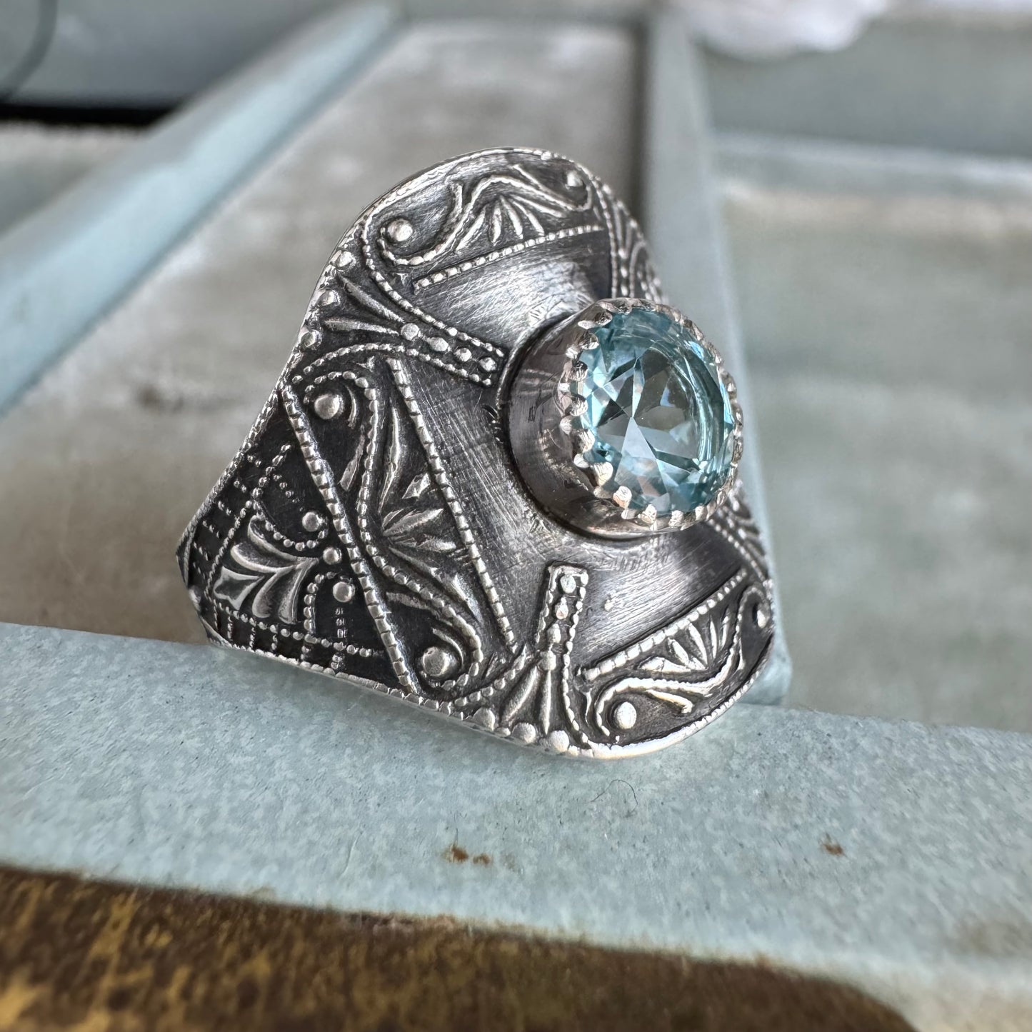 Art Deco filigree 1 carat Blue Topaz artisan cigar band ring in Sterling Silver