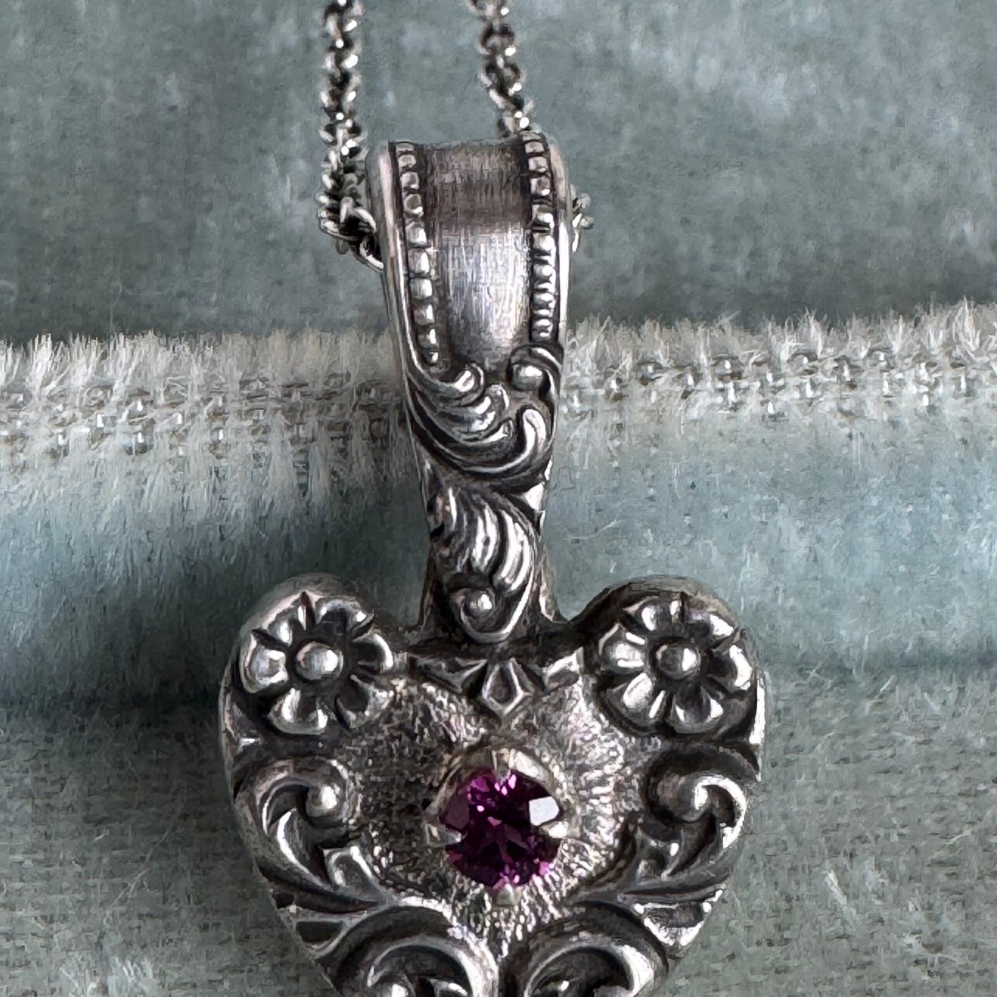 Victorian Gothic artisan Garnet heart necklace in Sterling Silver