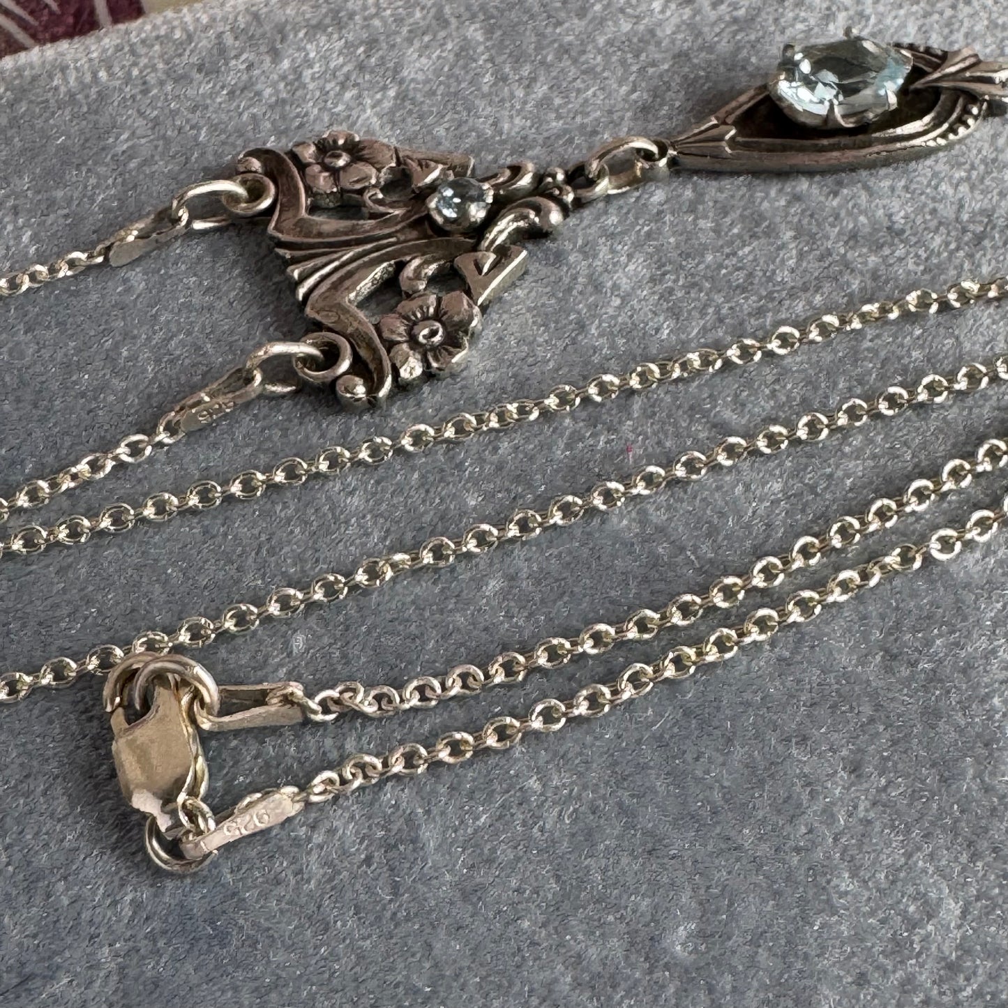 Artisan Art Deco Blue Topaz and Aquamarine Spinel Sterling Silver necklace