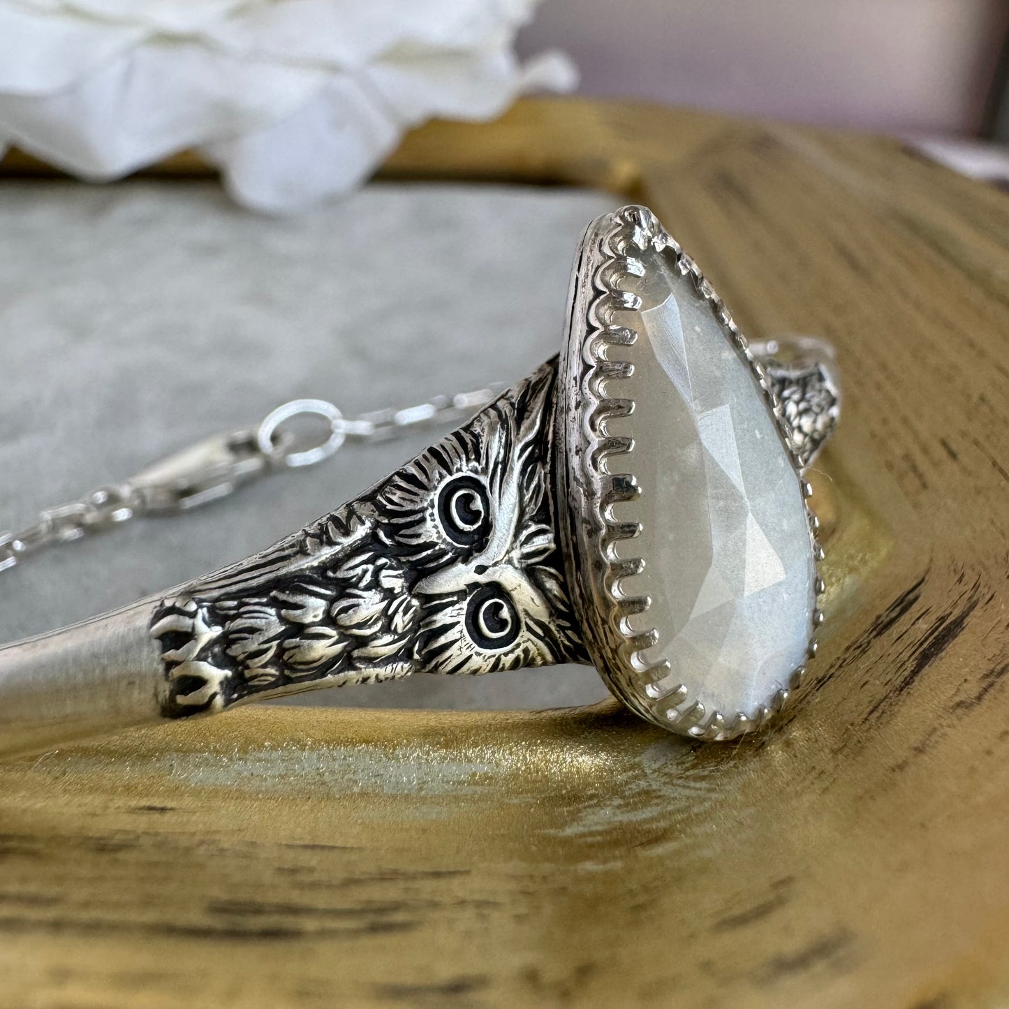 Vintage owl and Moonstone half cuff bracelet handmade in Sterling Silver