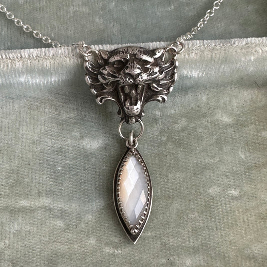 Victorian Gothic Tiger and Moonstone handmade talisman necklace in Sterling Silver