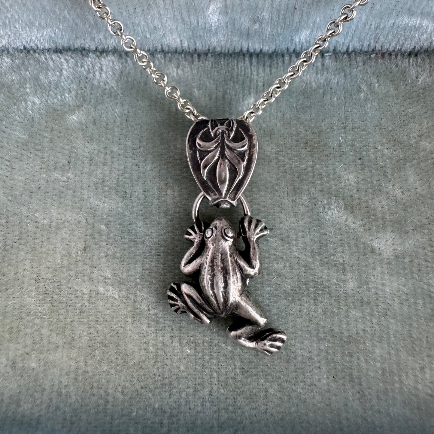 Artisan antique frog botanical necklace in Sterling Silver