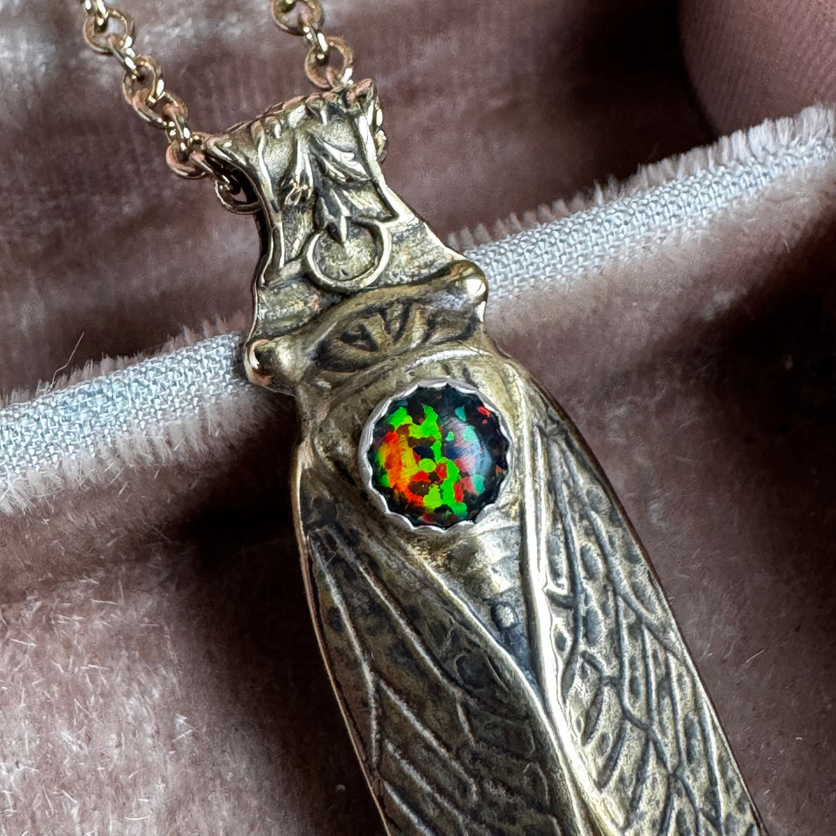 Cicada and Black Kyocera Opal brass artisan necklace