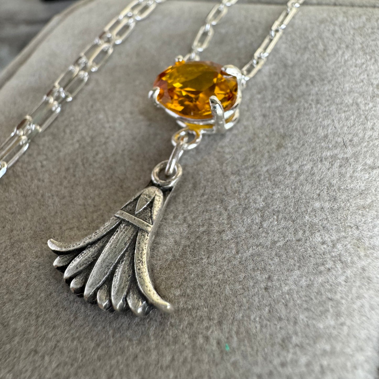 Art Deco Egyptian revival artisan 2.5ct Citrine Papyrus flower necklace in Sterling Silver