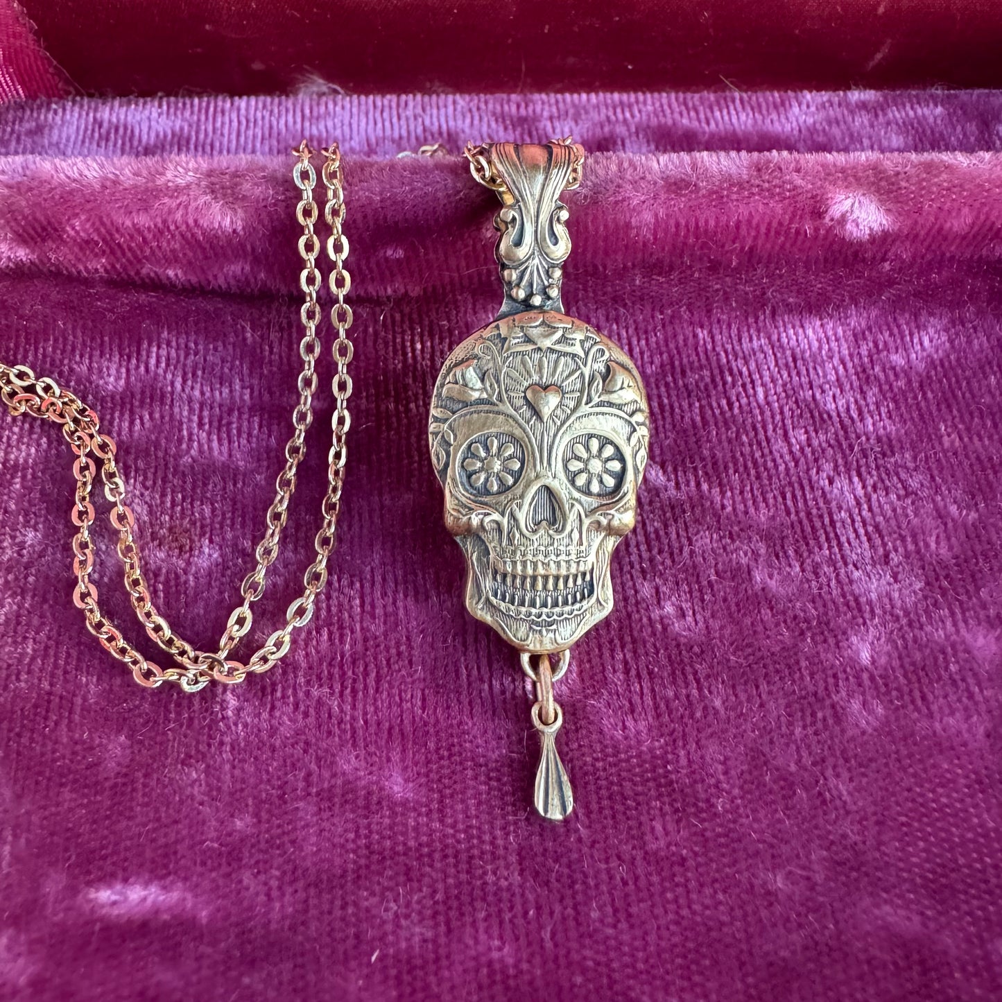 Sugar Skull artisan Day of the Dead artisan necklace in Nu Gold jewelers Brass