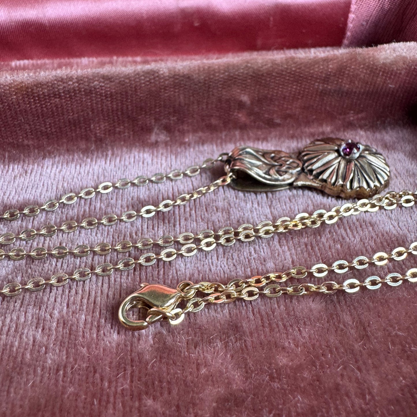 Heirloom Dahlia and Garnet artisan brass necklace