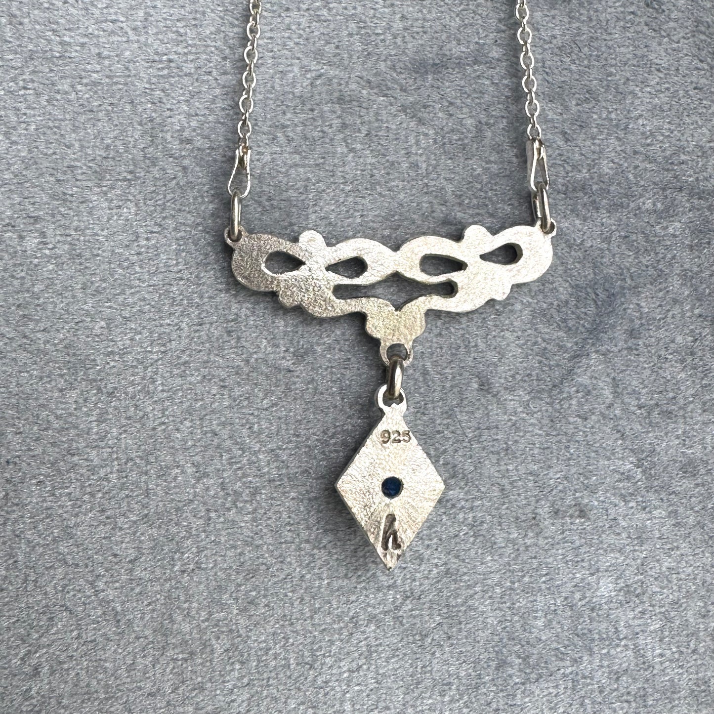 Art Nouveau Sapphire blue Spinel artisan waves necklace in Sterling Silver