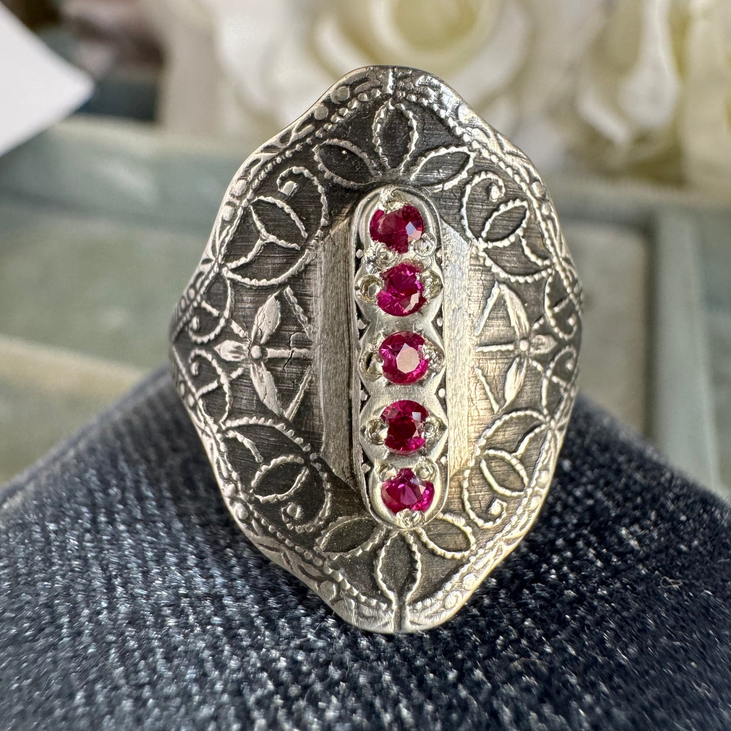 Victorian Gothic Artisan Ruby filigree cigar band ring in Sterling Silver