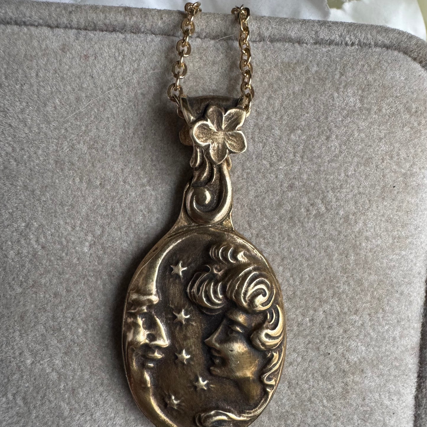 Art Nouveau Moon and Maiden artisan brass necklace