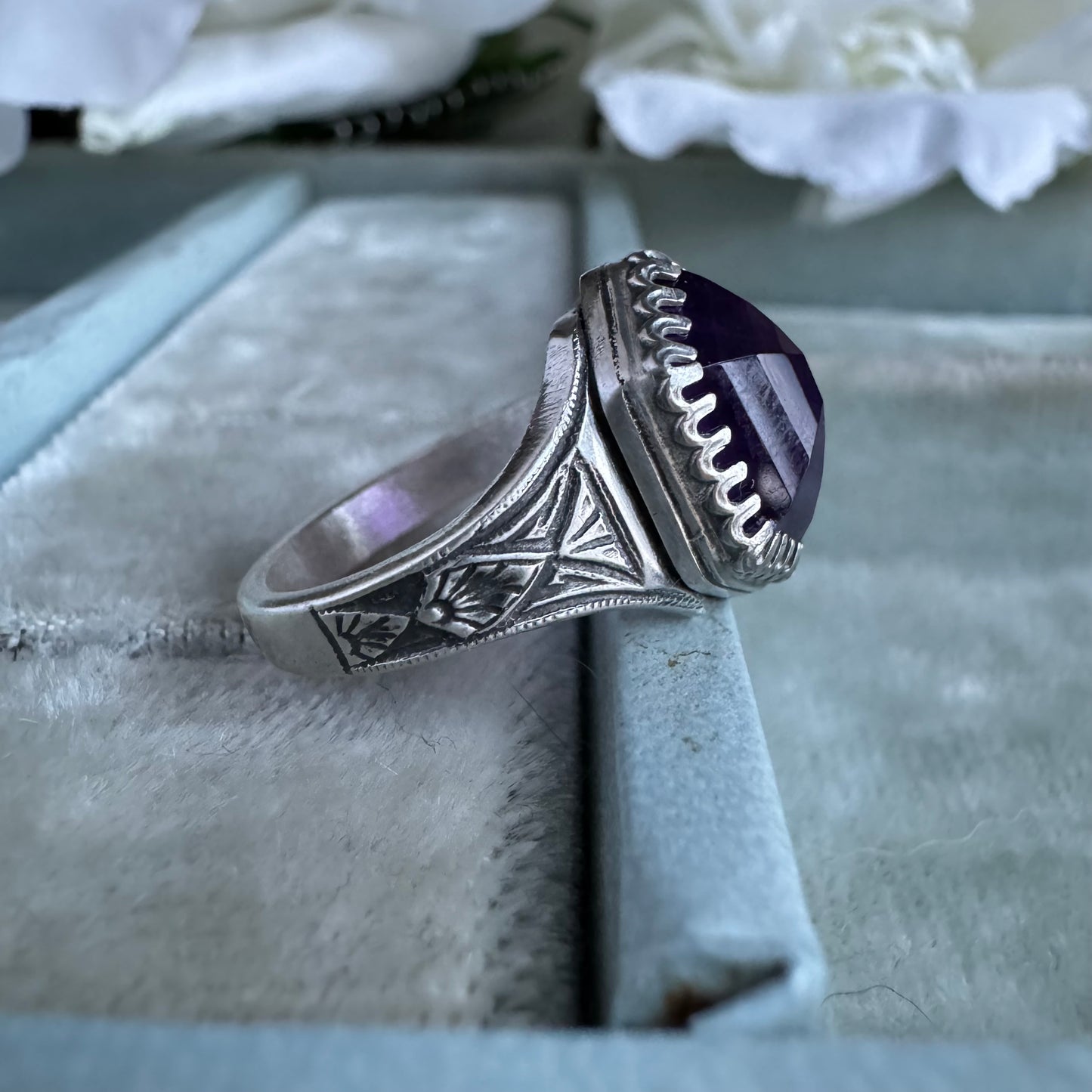 Art Deco antique inspired hexagon Amethyst artisan ring in Sterling Silver