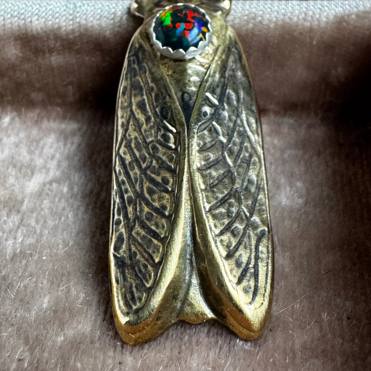Cicada and Black Kyocera Opal brass artisan necklace