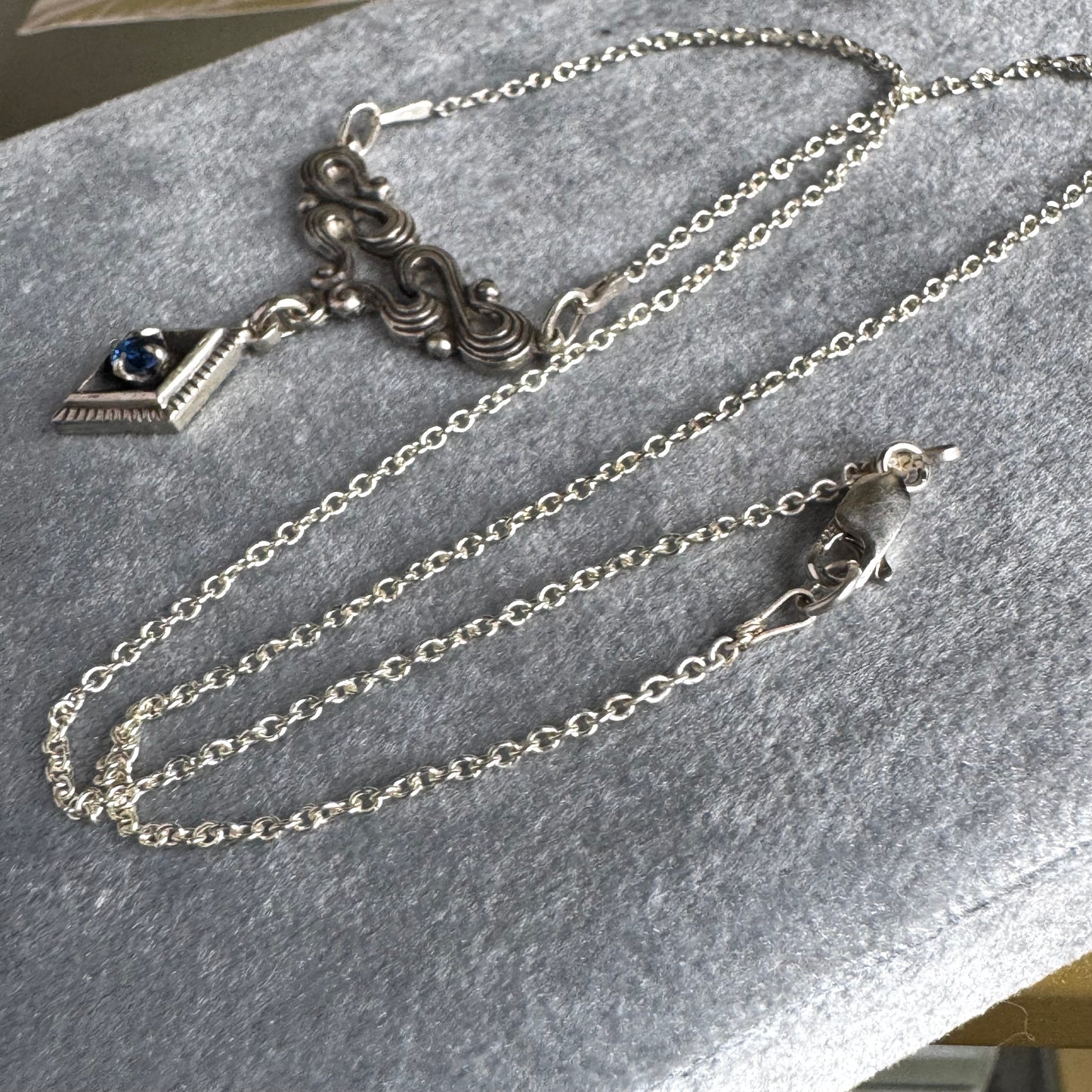 Art Nouveau Sapphire blue Spinel artisan waves necklace in Sterling Silver