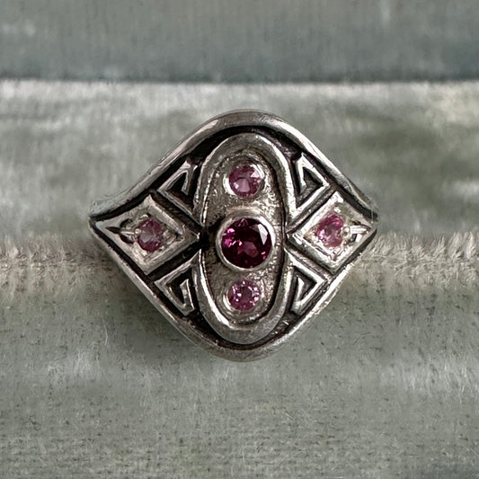 Artisan Art Deco Garnet and pink Sapphire cigar band ring in Sterling Silver SIZE 6