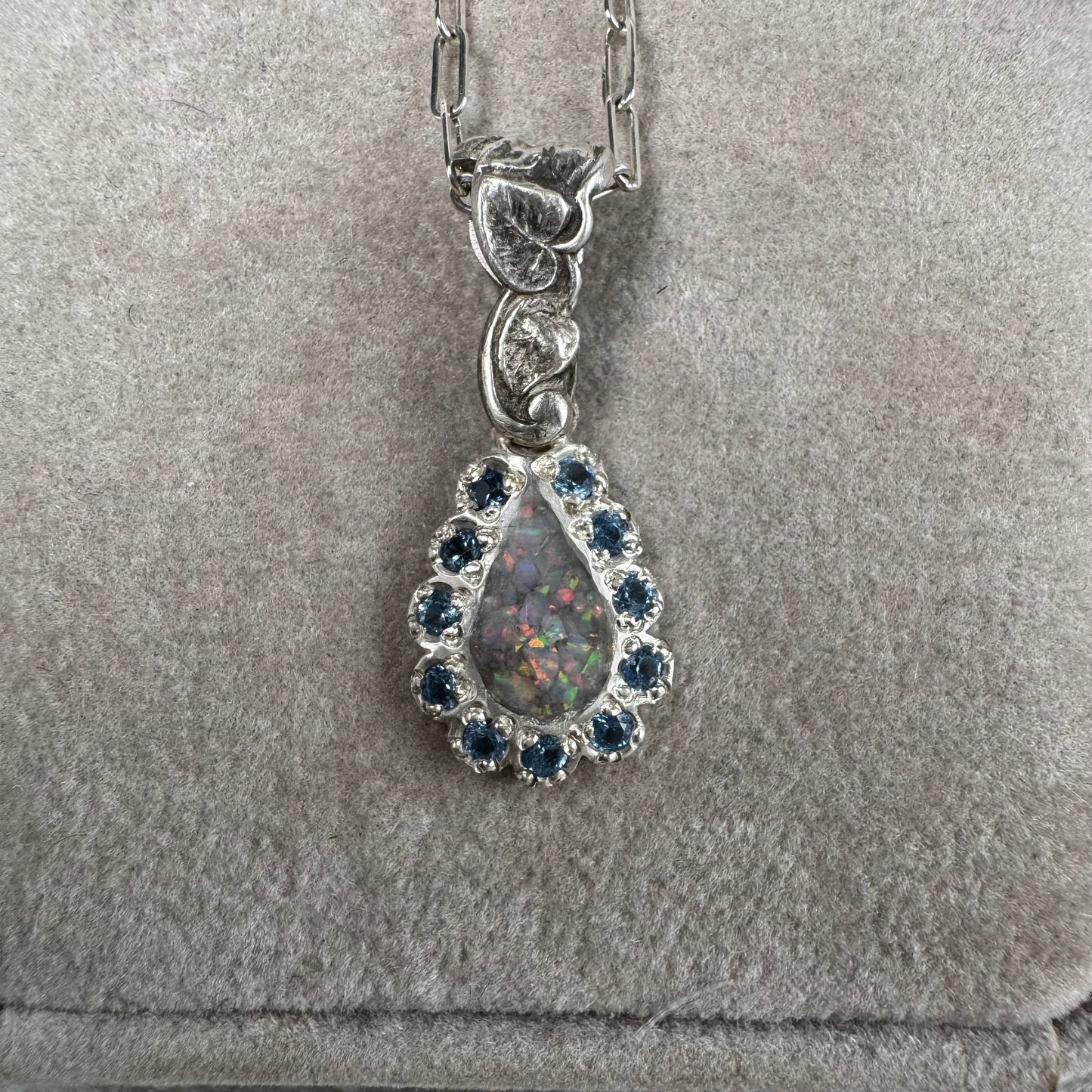 Botanical Art Nouveau artisan inlay Opal with blue Spinel necklace in Sterling Silver
