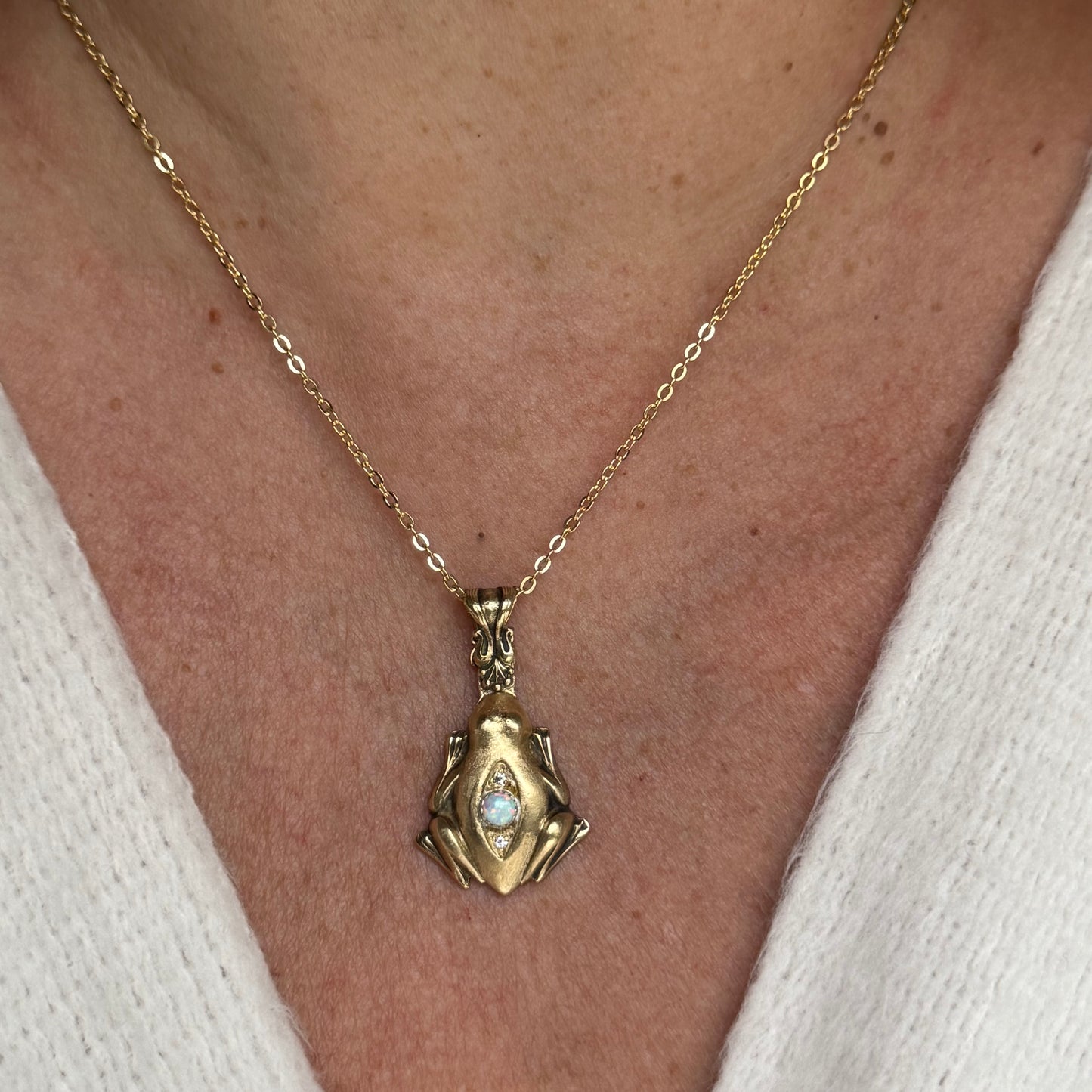 Victorian Frog artisan Opal and Brass necklace