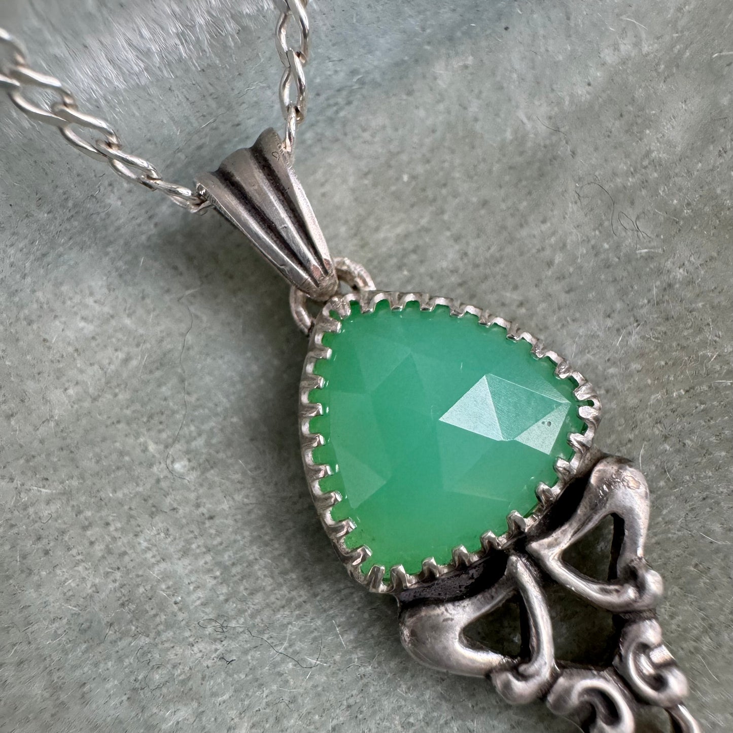 Art Nouveau trillion shaped Chrysoprase gemstone handmade necklace in Sterling Silver