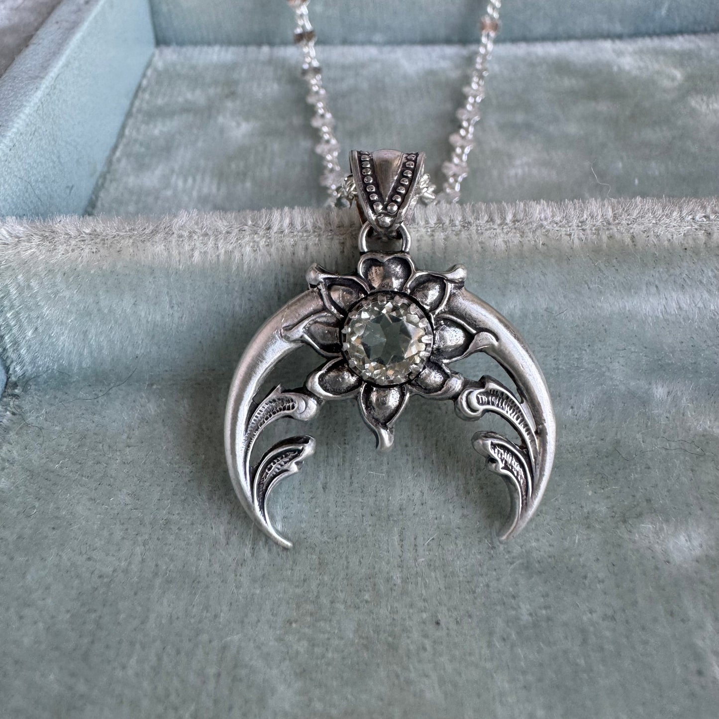 Art Nouveau Green Amethyst Naja squash blossom crescent moon artisan necklace in Sterling Silver