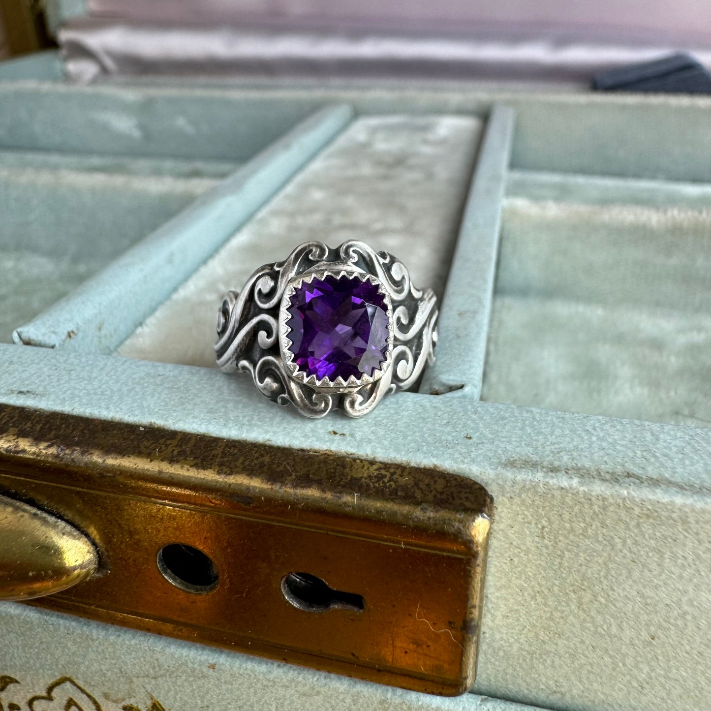 Victorian Gothic 3 carat cushion cut Amethyst artisan ring SIZE 7