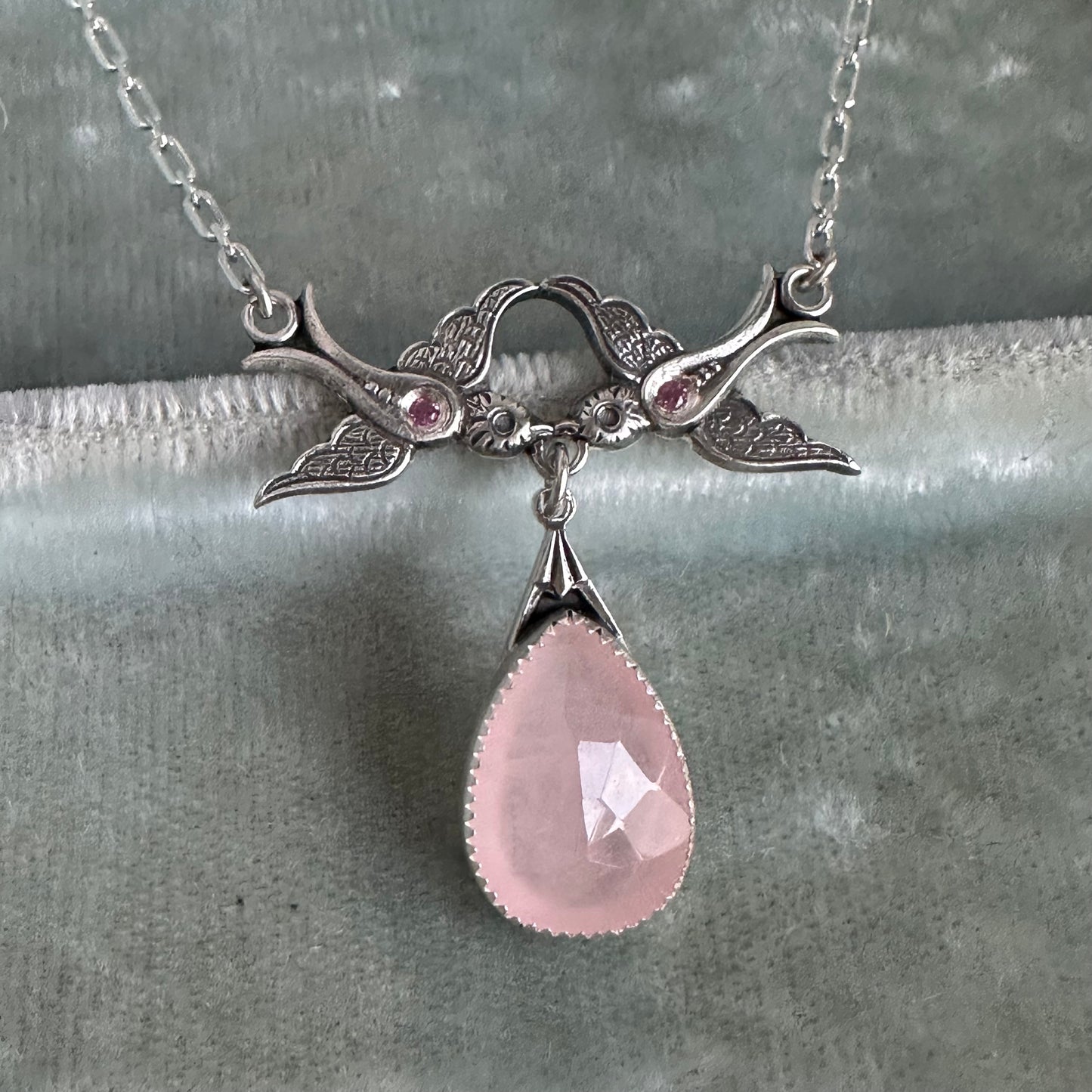 Vintage Sparrows Rose Quartz and pink Sapphire artisan drop necklace in Sterling Silver