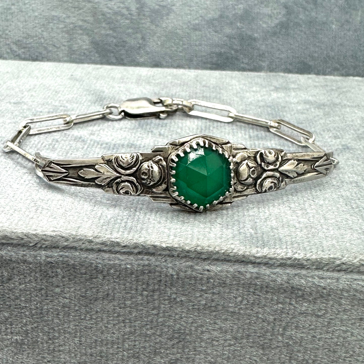 Art Deco botanical bracelet with 5 carat Emerald Green Onyx hexagon gemstone in Sterling Silver