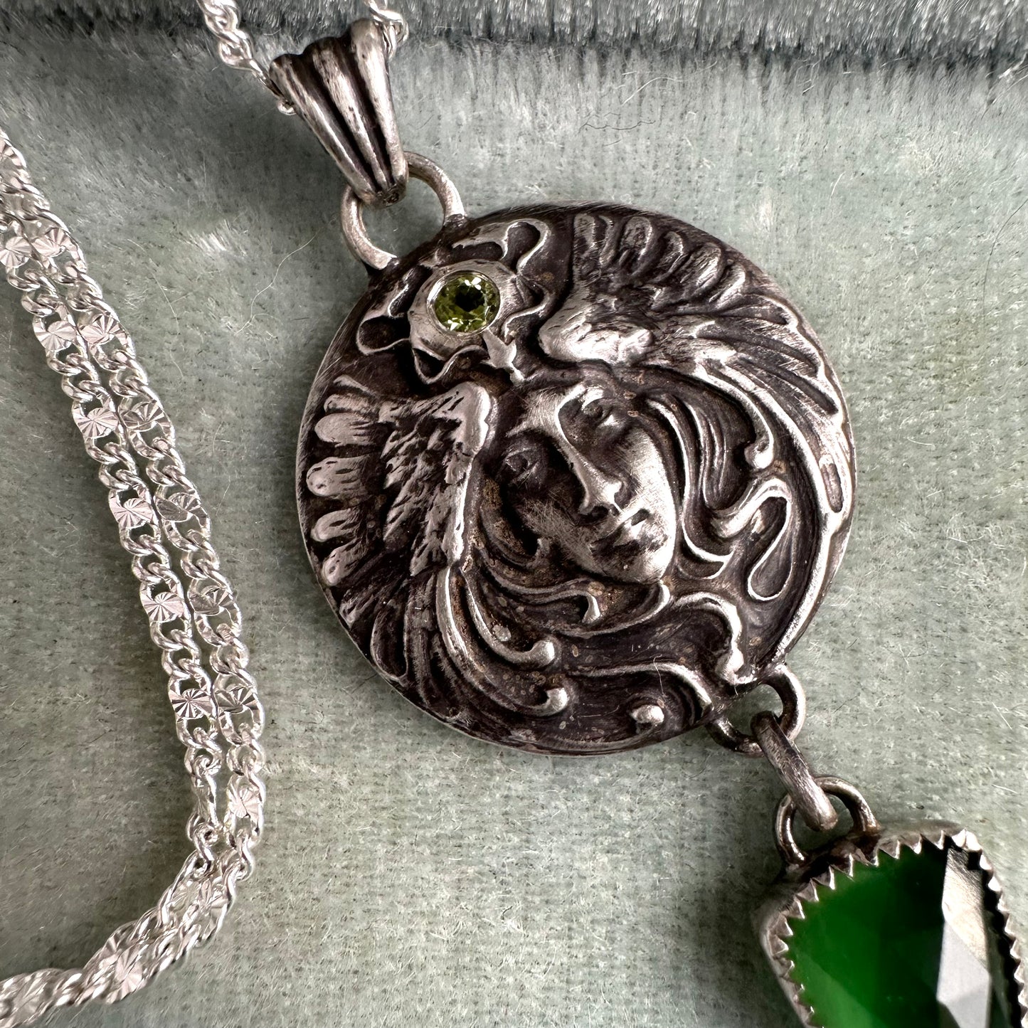 Art Nouveau High Priestess handmade Peridot and Serpentine talisman necklace