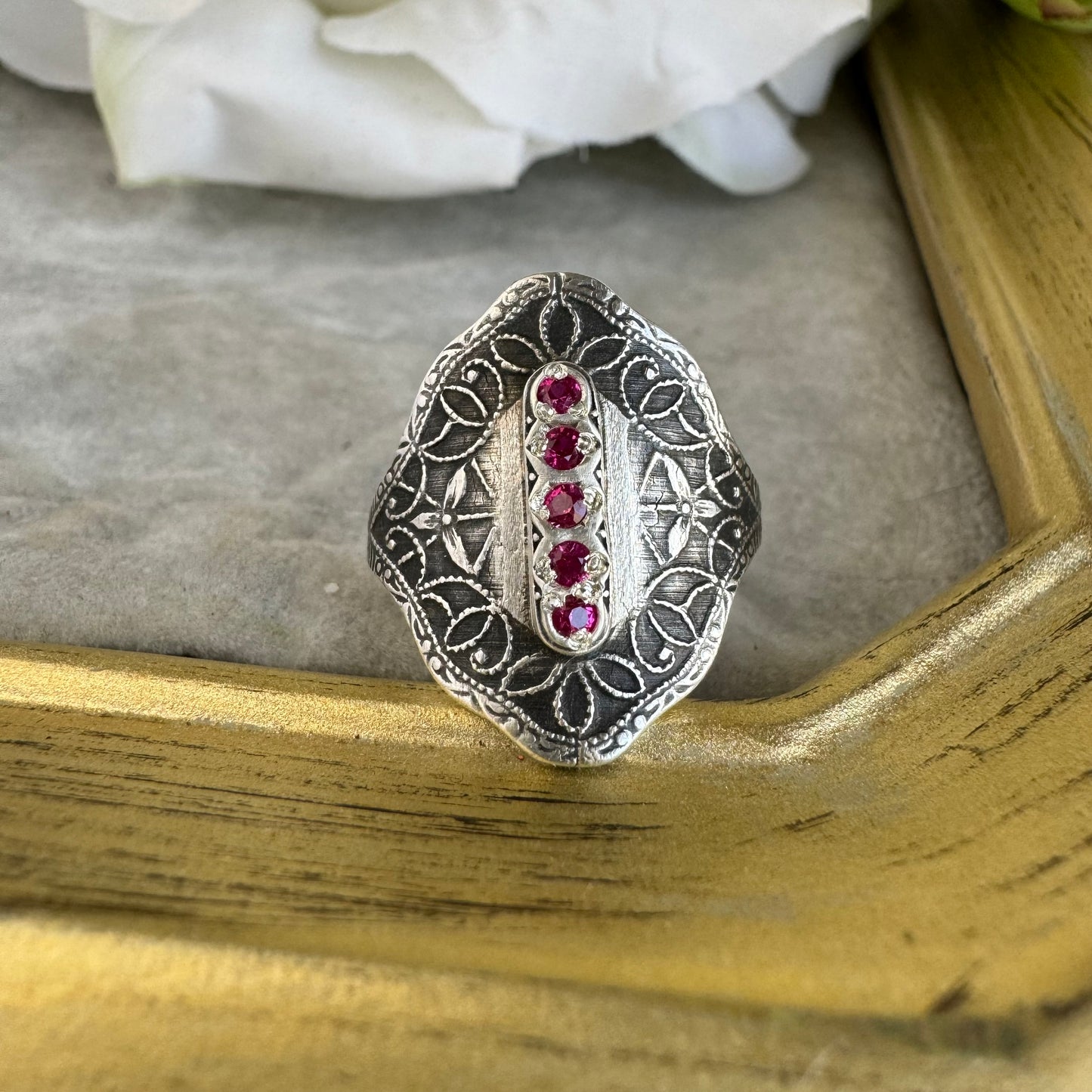 Victorian Gothic Artisan Ruby filigree cigar band ring in Sterling Silver