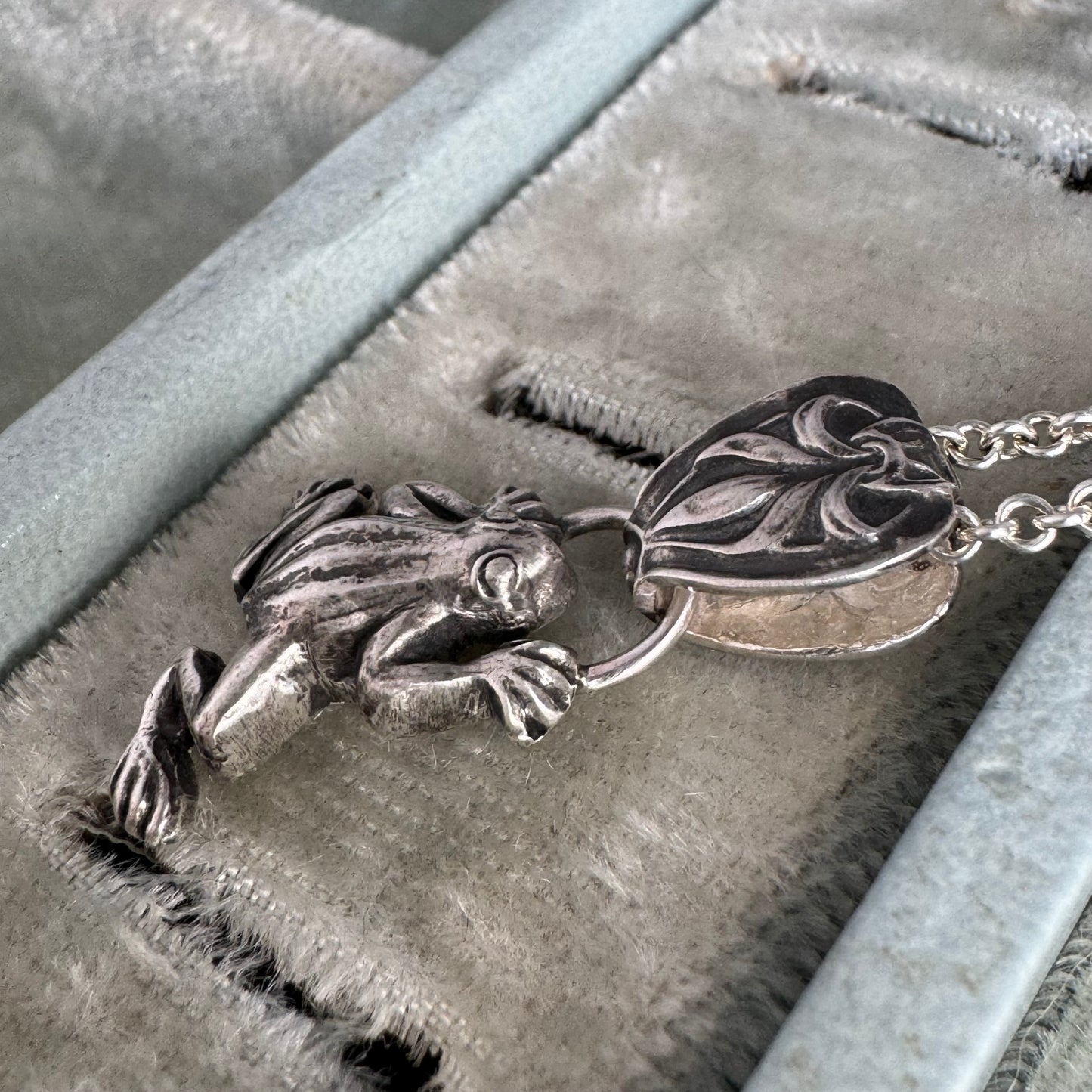 Artisan antique frog botanical necklace in Sterling Silver