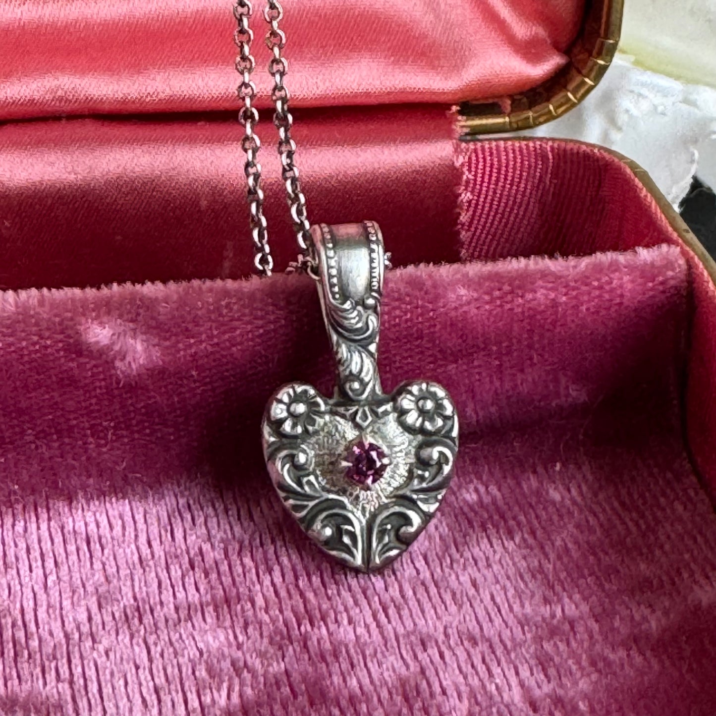 Victorian Gothic artisan Garnet heart necklace in Sterling Silver
