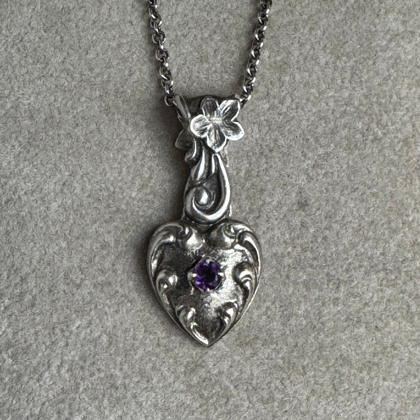 Amethyst Victorian Gothic artisan heart necklace in Sterling Silver