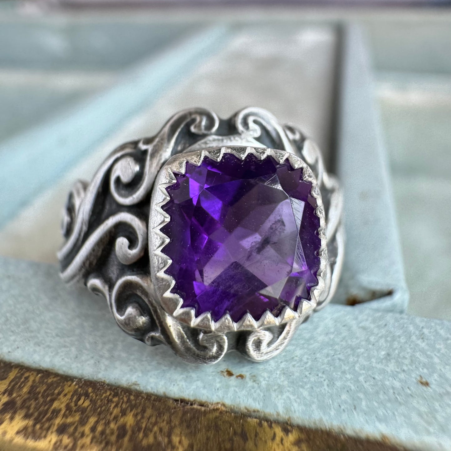 Victorian Gothic 3 carat cushion cut Amethyst artisan ring SIZE 7