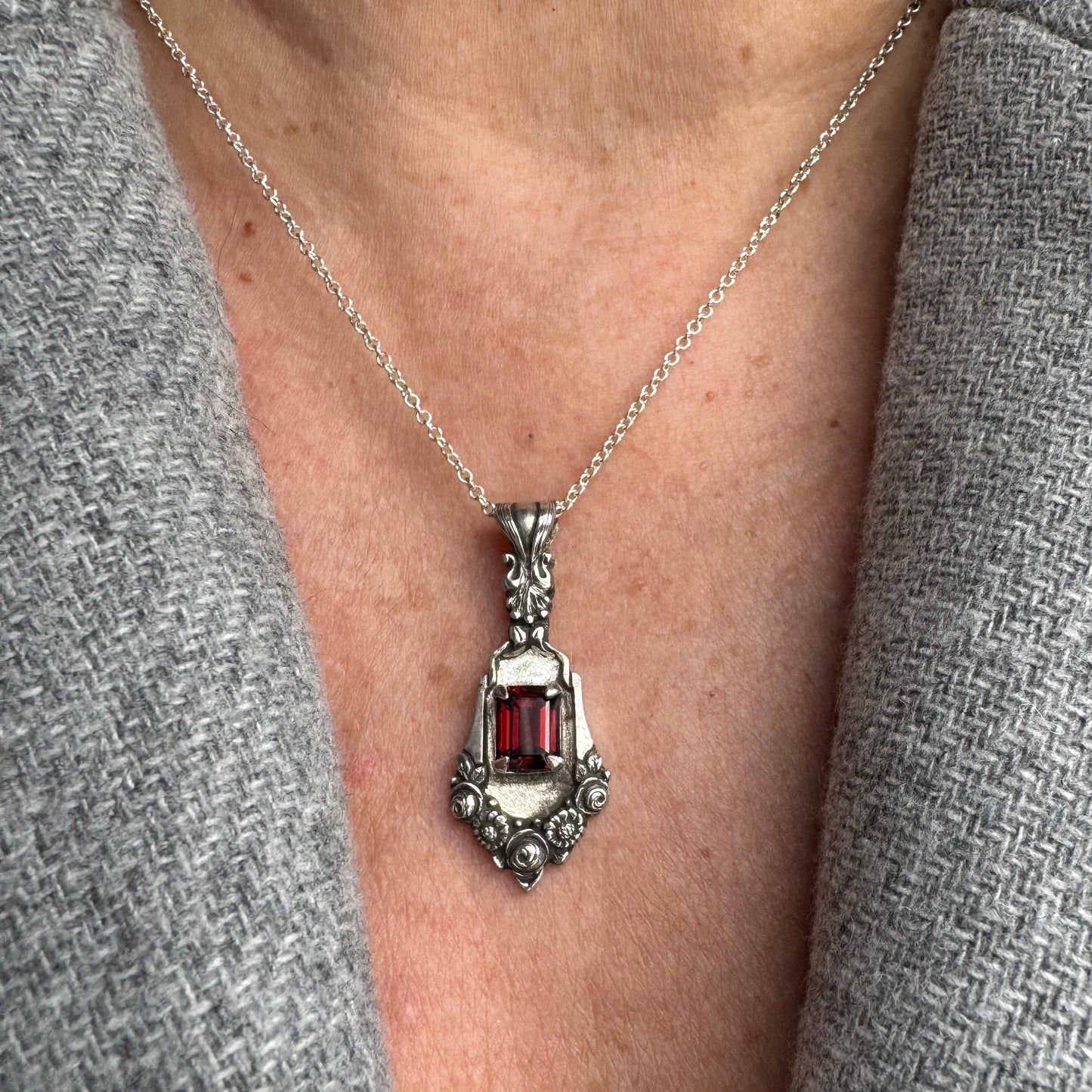 Garnet Victorian floral Artisan Sterling Silver necklace