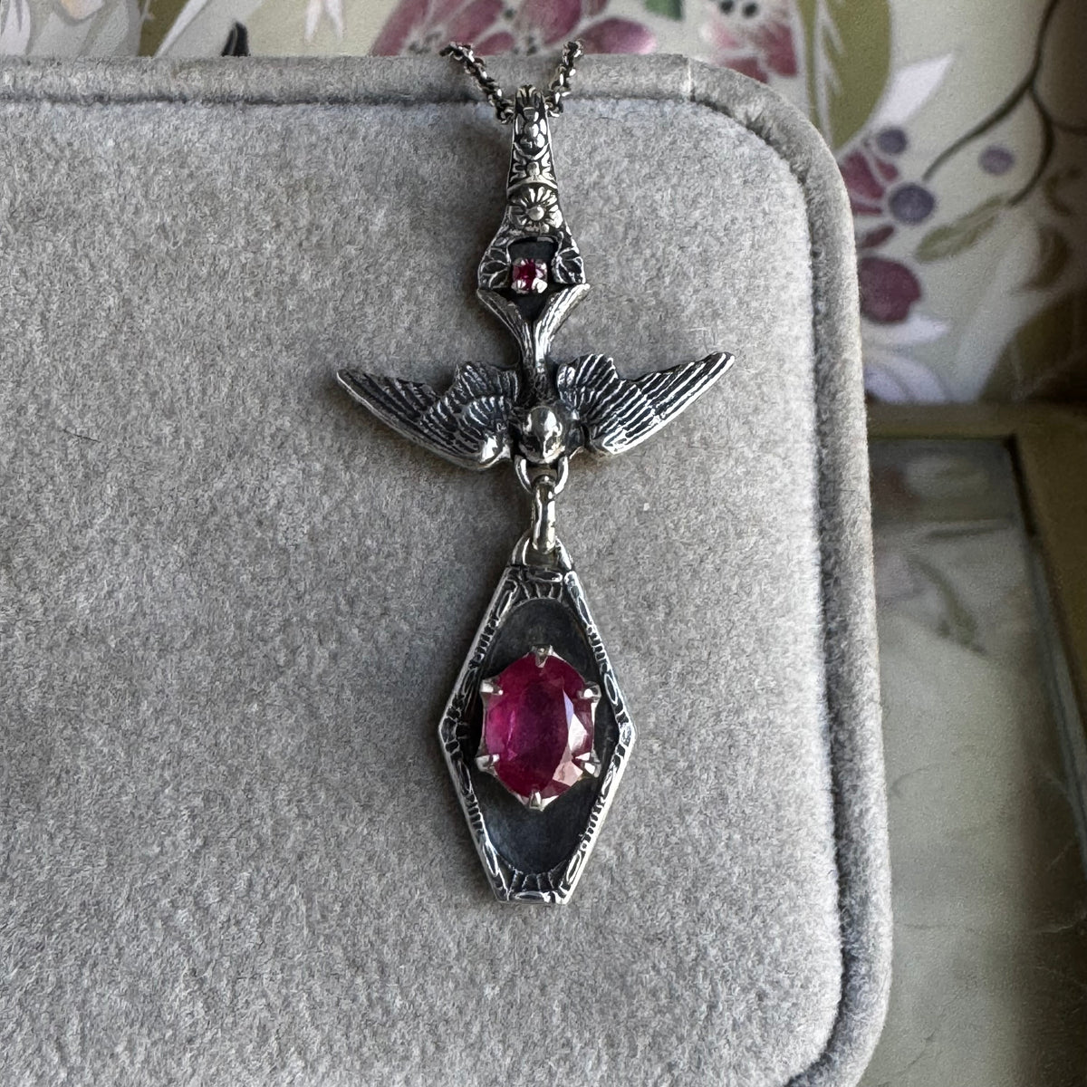 Victorian Gothic Pink Sapphire and Ruby artisan bird necklace in Sterling Silver