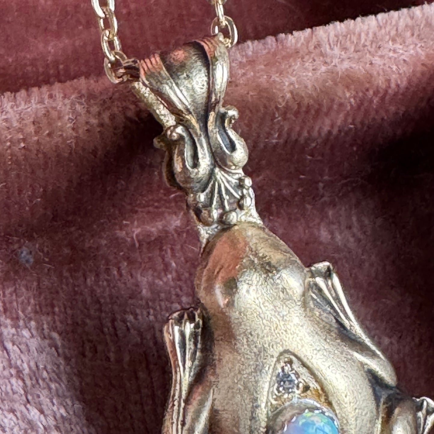 Victorian Frog artisan Opal and Brass necklace