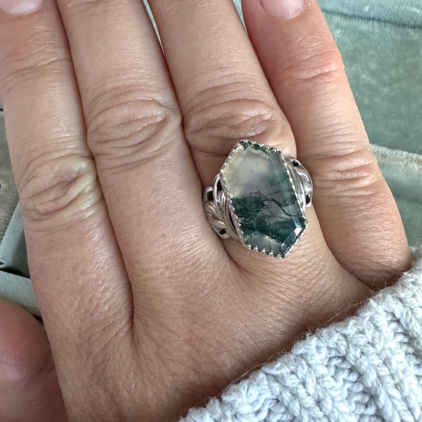 Moss Agate Art Nouveau botanical leaf artisan ring in Sterling Silver