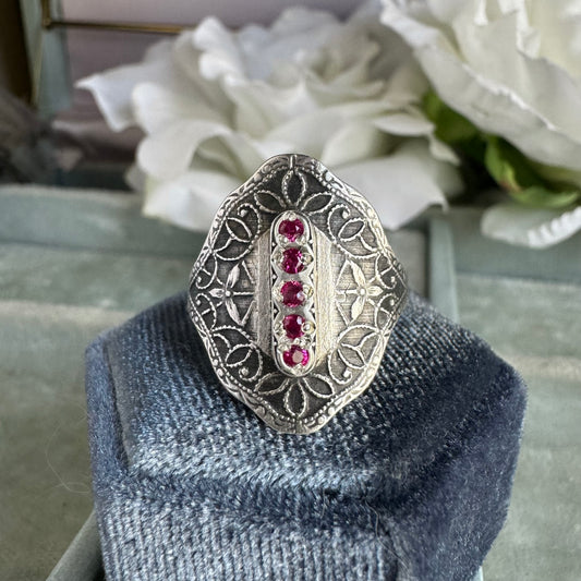 Victorian Gothic Artisan Ruby filigree cigar band ring in Sterling Silver