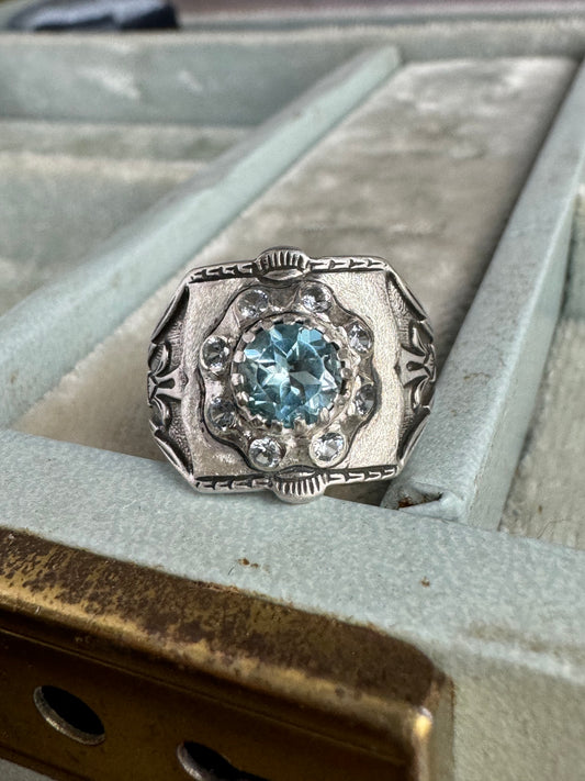 Artisan Sky Blue Topaz and Aquamarine spinel antique inspired cigar band cocktail ring SIZE 7