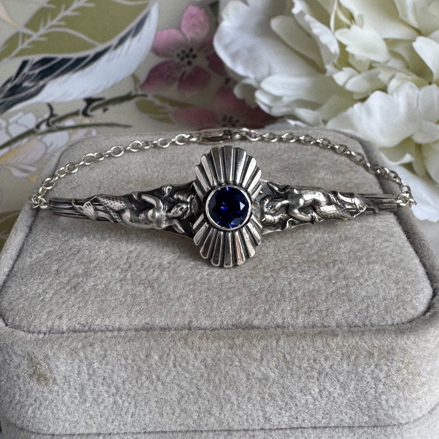 Art Nouveau Mermaids and Sapphire cuff and chain bracelet in Sterling Silver