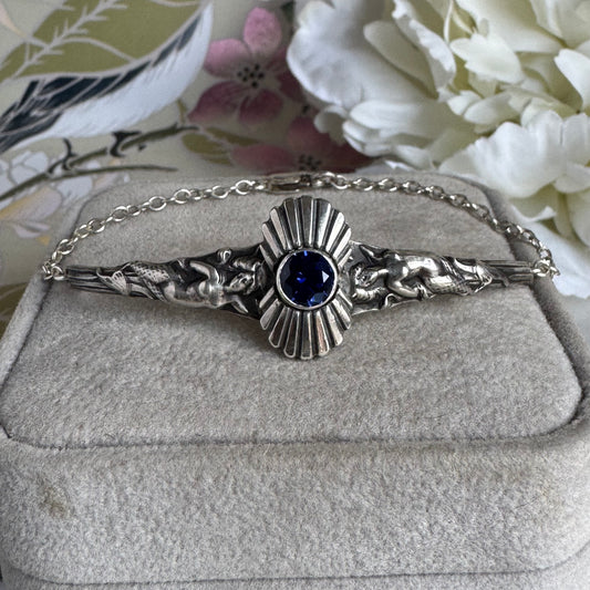Art Nouveau Mermaids and Sapphire cuff and chain bracelet in Sterling Silver